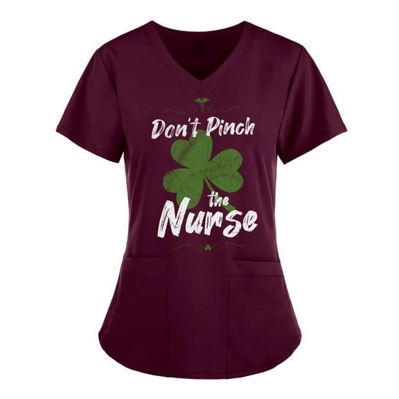 Lolmot St. Patrick's Day Womens Plus Size Scrubs Tops Workwear V-Neck Short Sleeve Don't Pinch the Nurse Print Nursing Uniform Scrubs Shirts with Pockets