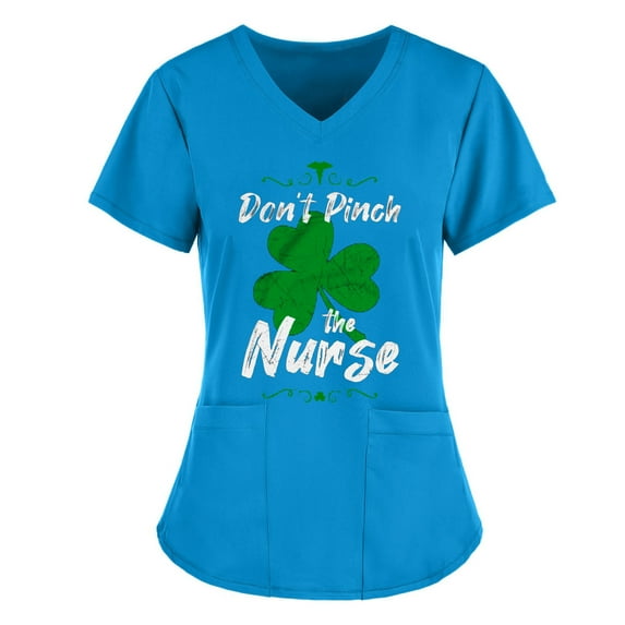 Lolmot St. Patrick's Day Womens Plus Size Scrubs Tops Workwear V-Neck Short Sleeve Don't Pinch the Nurse Print Nursing Uniform Scrubs Shirts with Pockets
