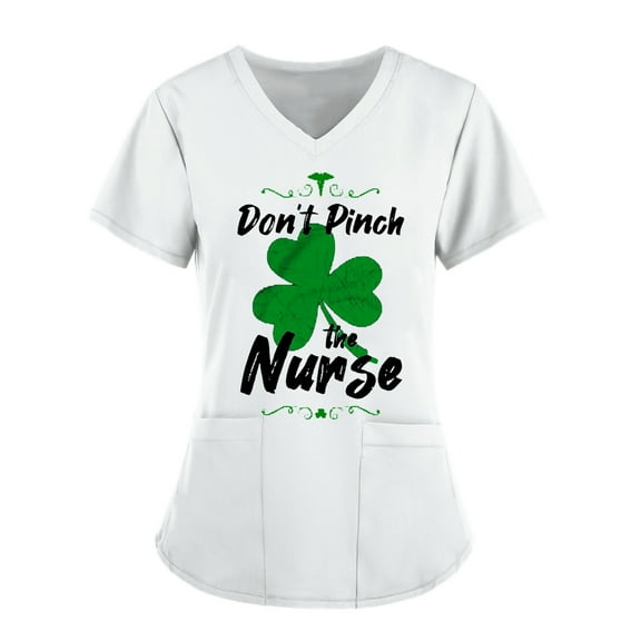 Lolmot St. Patrick's Day Womens Plus Size Scrubs Tops Workwear V-Neck Short Sleeve Don't Pinch the Nurse Print Nursing Uniform Scrubs Shirts with Pockets