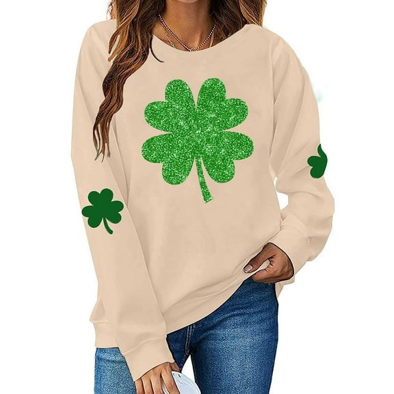 Lolmot St Patricks Day Shirt Women Fleece Lined Crewneck Sweatshirt Shamrock Long Sleeve Shirt Irish Lucky Four Clover Sweater Spring Pullover Tops