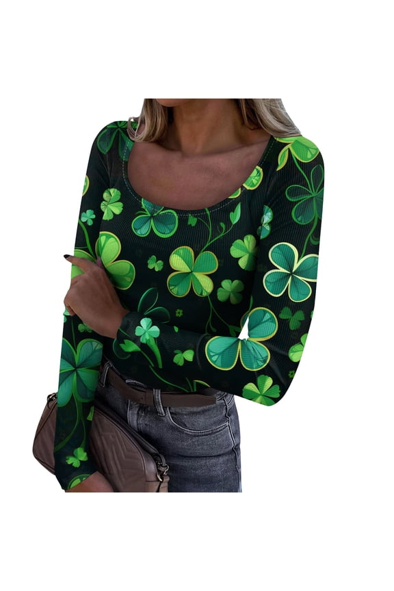 Up to 65 off!Lolmot St Patricks Day Women Scoop Neck Long Sleeve Shirts Shamrock Clover Graphic Tees Slim Fit Ribbed Dressy Casual Tops