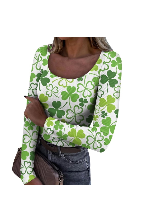 Up to 65 off!Lolmot St Patricks Day Women Scoop Neck Long Sleeve Shirts Lucky Shamrock Clover Graphic Tees Slim Fit Ribbed Dressy Casual Tops