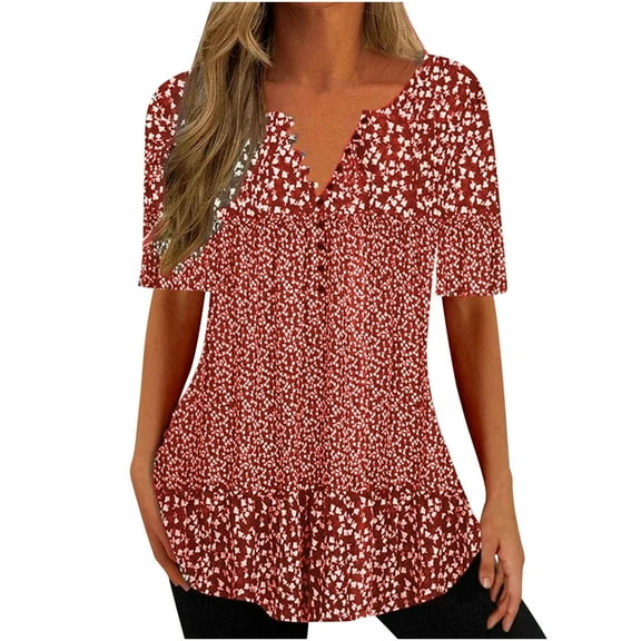 Lolmot Summer Button Down Shirts for Women,Women Casual Loose Shirts V-Neck Short Sleeve Fashion Dot Print Oversized T-Shirts Tunic Tops