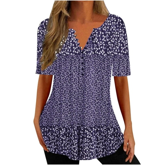 Lolmot Summer Button Down Shirts for Women,Women Casual Loose Shirts V-Neck Short Sleeve Fashion Dot Print Oversized T-Shirts Tunic Tops
