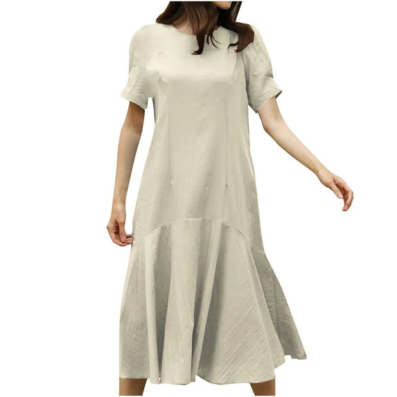 Lolmot Summer Dress for Women Crew Neck Short Sleeve Solid Basic Dress Casual Vintage Cotton Linen Loose Long Dresses