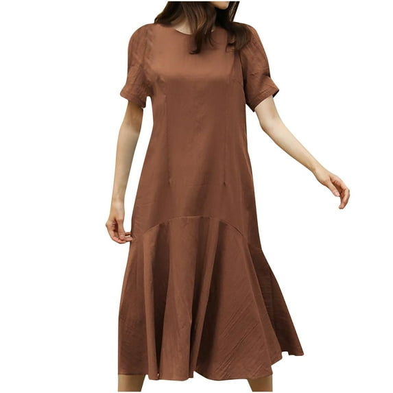 Lolmot Summer Dress for Women Crew Neck Short Sleeve Solid Basic Dress Casual Vintage Cotton Linen Loose Long Dresses