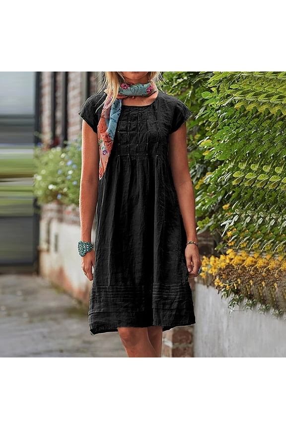 Lolmot Summer Dresses for Women Crewneck Shift Dress Cotton Linen Smocked Solid Color Loose Fit Mini Dress Beach Summer Short Sleeve Vintage Dress Trendy Elegant Plain Beach Dress