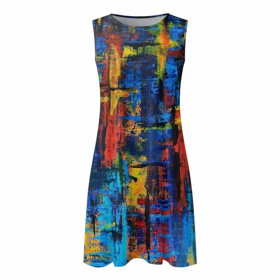 Lolmot Summer Dresses for Women Beach Boho Sleeveless Round Neck Vintage Floral Flowy Pockets Tshirt Tank Sleepwear Sundresses