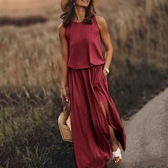Lolmot Summer Dresses for Women Casual Sleeveless Round Neck Maxi Dresses Solid Color Fork Opening Dress High Waist Dresses with Pocket