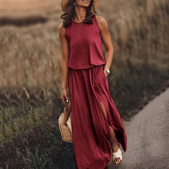 Lolmot Summer Dresses for Women Casual Sleeveless Round Neck Maxi Dresses Solid Color Fork Opening Dress High Waist Dresses with Pocket