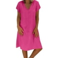 thumbnail image 1 of Lolmot Summer Dresses for Women Cotton Linen Casual Solid Color Dress Beach Vacation V-Neck Short Sleeve Loose Going Out Dress, 1 of 5