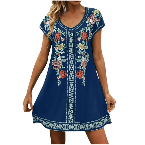 Lolmot Summer Dresses for Women Short Sleeve Casual Dress Ethnic Style Printed Loose Round Neck Dress