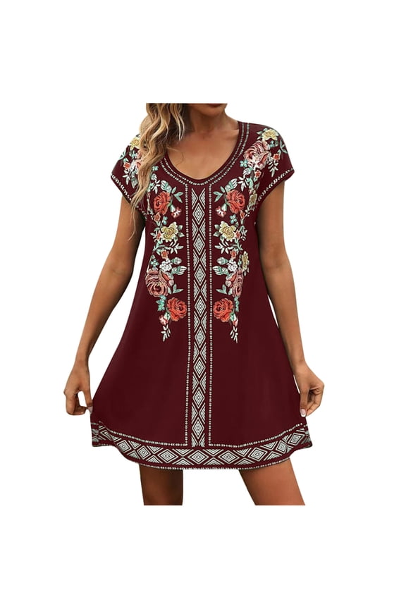 Summer Dresses for Women Short Sleeve Casual Dress Ethnic Style Printed Loose Round Neck Dress
