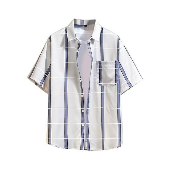 Lolmot Summer Mens T Shirt Vintage Striped Plaid Printed Shirt Men's Short Sleeve Turndown Collar Shirt Hawaiian Style Pattern Short Sleeve Blouse Shirts Tops