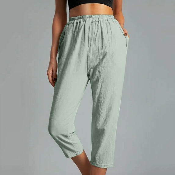 Lolmot Summer Pants Women Trendy Solid Color Comfy Cropped Pants Casual Trousers with Pockets Plus Size Linen Elastic High Waist Pants