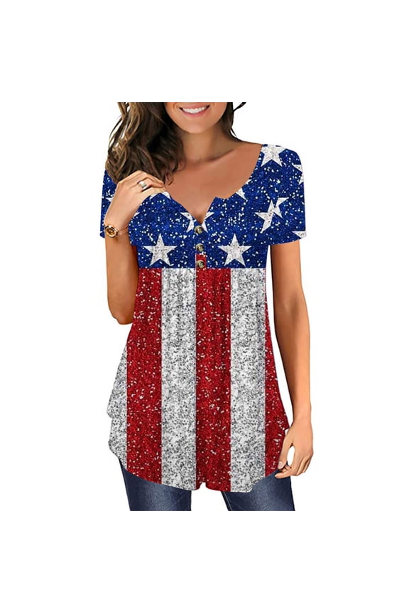 Up to 65 off!Lolmot Summer Tops for Women American Flag Shirt 4th of July Tops Patriotic Blouse Casual Short Sleeve Button V-neck Plus Size Tunic Blouse