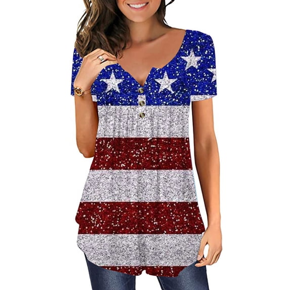 Up to 65 off!Lolmot Summer Tops for Women American Flag Shirt 4th of July Tops Patriotic Blouse Casual Short Sleeve Button V-neck Plus Size Tunic Blouse