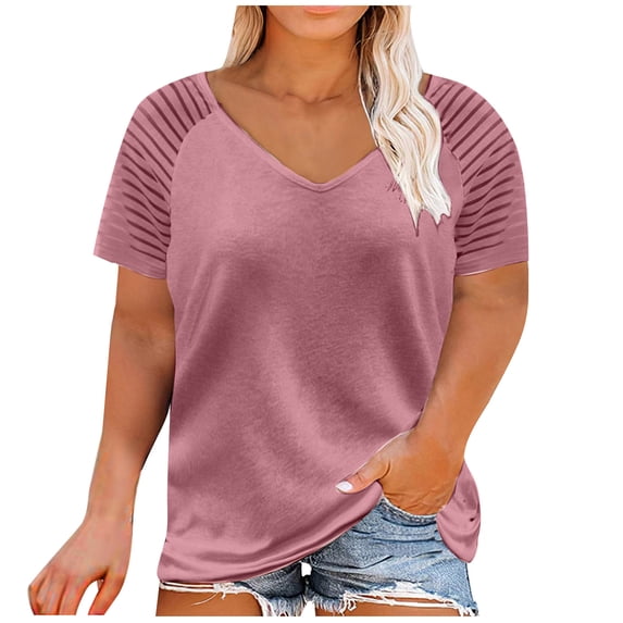Lolmot Summer Tops for Women 2023 Trendy Summer Plus Size Casual V Neck T Shirts for Women Mesh Short Sleeve Dressy Tops Shirts