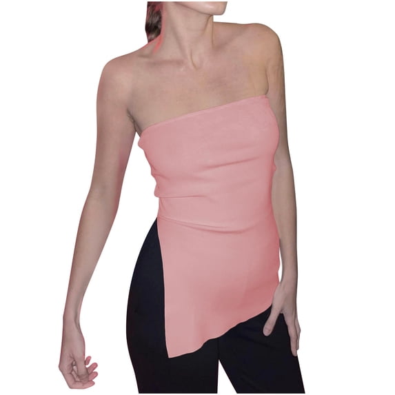 Lolmot Summer Tube Tops for Women Fashion Sexy Ladies Split High Elastic Wool Fabric Slim Sexy Bra Top Solid Color Off Shoulder Summer Slim Tunic Shirt