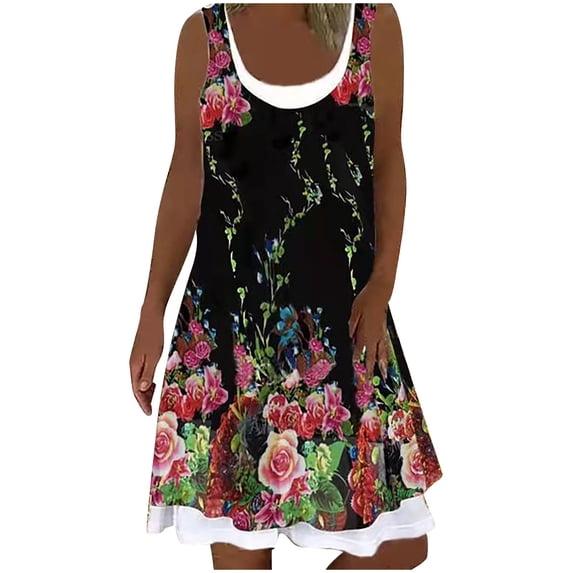 Lolmot Sundresses for Women 2023 Summer Casual Dresses Sleeveless Tank Dress Floral Print Loose Crewneck Beach Sundress