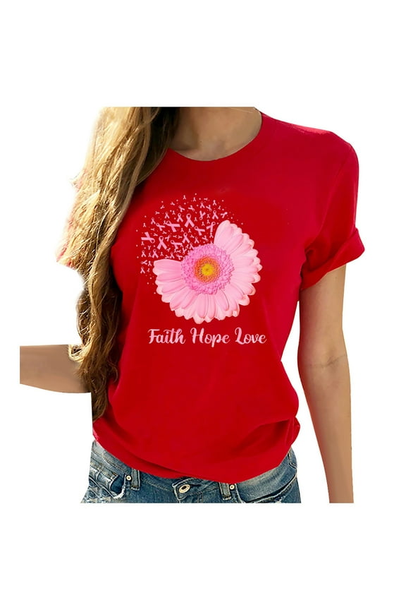Lolmot Sunflower Shirts for Women Cute Graphics Faith Hope Love Letters Tshirt Summer Short Sleeve Crew Neck Breast Cancer Awareness Tee Tops