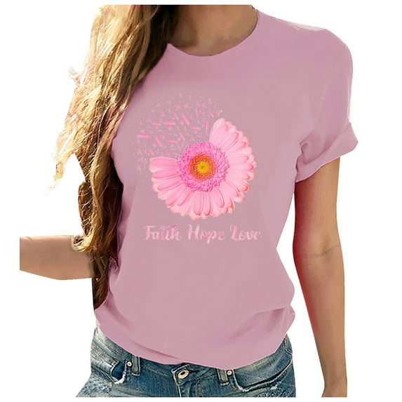 Lolmot Sunflower Shirts for Women Cute Dandelion Graphics Faith Hope Love Letters Tshirt Summer Short Sleeve Crew Neck Breast Cancer Awareness Tee Tops