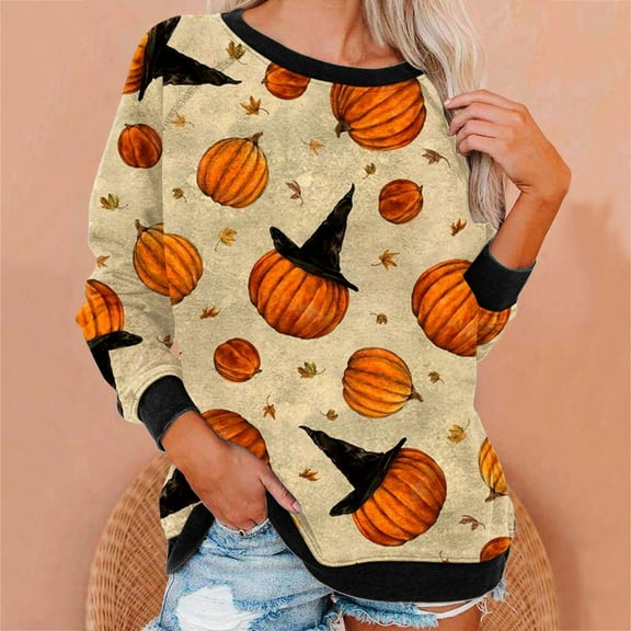 Lolmot Sweatshirt for Women Halloween Tops Plus Size Interesting Graphic Print Round Neck Long Sleeve Sweatshirt Elegant Pullover Tops Halloween Gifts for Ladies