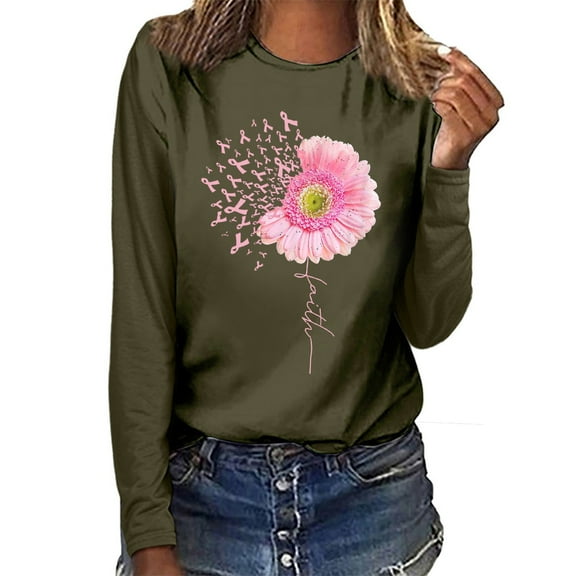 Lolmot Sweatshirt for Women Breast Cancer Awareness Pullover Sweatshirts Oversized Long Sleeve Pink Ribbon Sunflower Graphic Tops Shirts