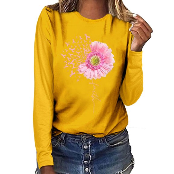 Lolmot Sweatshirt for Women Breast Cancer Awareness Pullover Sweatshirts Oversized Long Sleeve Pink Ribbon Sunflower Graphic Tops Shirts