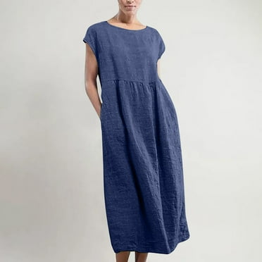 Lolmot T Shirt Dress Women's Plus Size Long Beach Dress Loose Fit Solid Crew Neck Cotton Linen Maxi Dress with Pockets on Clearance