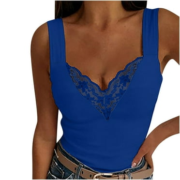 Lolmot Tank Top for Women Summer Sexy V-Neck Sleeveless Sling T-Shirt Lace Patchwork Solid Short Tops Blouse Vest Basic Tees