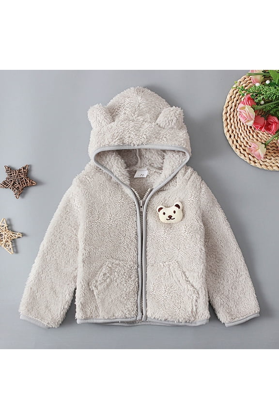 Toddler Girls Boys Zipper Bear Ear Hooded Jacket Teddy Coat Fashion Cute Fleece Cardigan Solid Color Keep Warm Outwear
