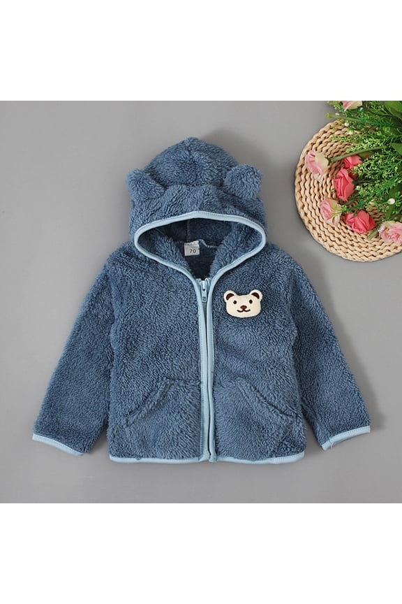 Toddler Girls Boys Zipper Bear Ear Hooded Jacket Teddy Coat Fashion Cute Fleece Cardigan Solid Color Keep Warm Outwear