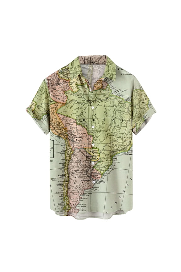 Tops for Men's Short Sleeve Buttons Shirt Hawaii Tie-dye World Map Printed Beach Shirts Turndown Blouse Top