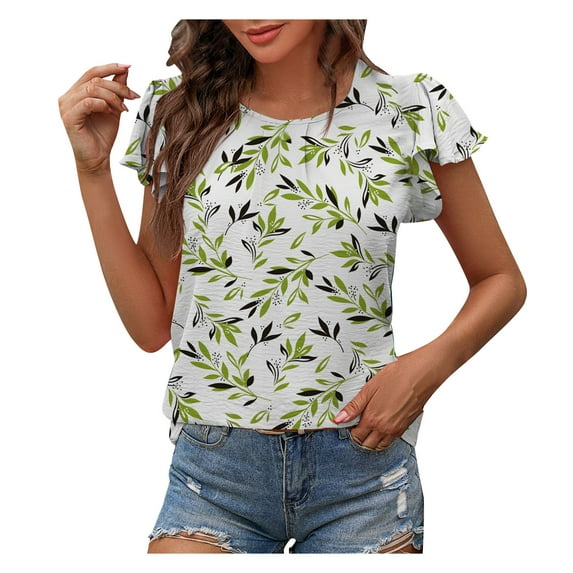 Lolmot Tops for Women 2023 Plus Size Spring and Summer Flounce V-Neck Petal Sleeve Solid Color Bottom T-Shirt Hollow Top