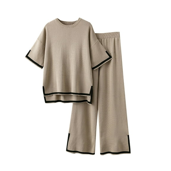 Lolmot Track Suits for Women Summer Casual Fashion Two Piece Suit Loose Solid Color Short Sleeved Wide Legged Pants Suit