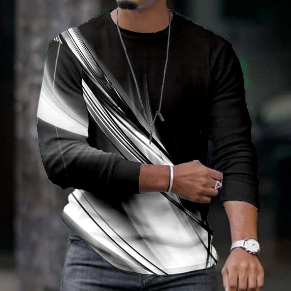 Lolmot Tshirts Shirts for Men 3D Digital Dazzled Line Printing Round Neck Long Sleeve Pullover Blouse Moisture Wicking Tops
