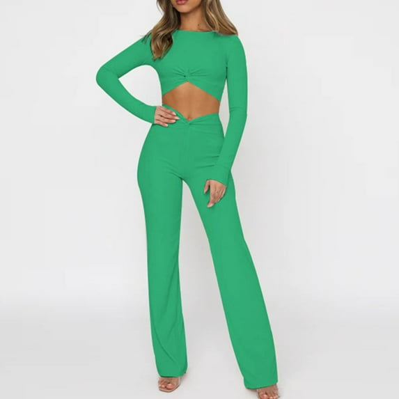 Lolmot Two Piece Outfits for Women Long Sleeve Round Neck Compression Cross Hem Crop Tops Wide Long Pants Sets Athletic Running Yoga Sweatsuit
