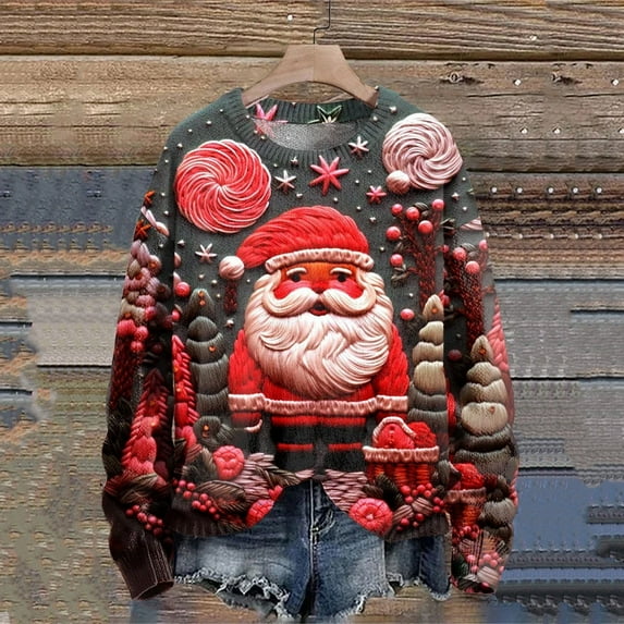 Lolmot Ugly Christmas Sweater Women Funny Oversized Sweatshirt Pullover Tops Crewneck Xmas Santa Tree Mushroom Graphic Print Holiday Shirt