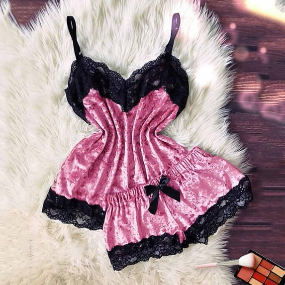 Under $5.00,Lolmot Velvet 2 Piece Pajamas Set Womens Sexy Lingerie Sleepwear Lace Trim V Neck Cami Tops and Shorts Set Nightwear