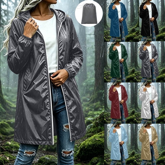 Lolmot Waterproof Rain Jacket Women Fashion Baggy Zip up Raincoat with Adjustable Hood Travel Hiking Rain Coats with Hood Outdoor