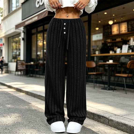 Lolmot Wide Leg Lounge Pants Women Fashion Ribbed Knit Loose Fit Sweat Pants with Drawstring Stretch Autumn Pajama Pants