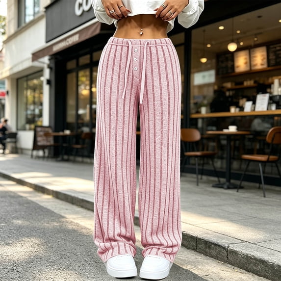 Lolmot Wide Leg Lounge Pants Women Fashion Ribbed Knit Loose Fit Sweat Pants with Drawstring Stretch Autumn Pajama Pants