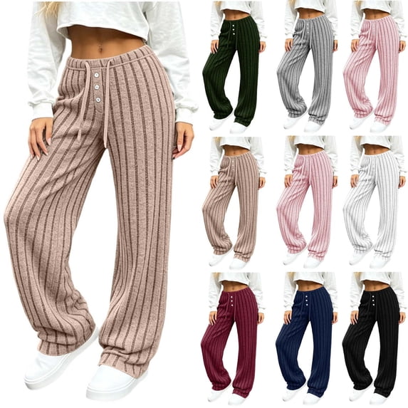 Lolmot Wide Leg Lounge Pants Women Fashion Ribbed Knit Loose Fit Sweat Pants with Drawstring Stretch Autumn Pajama Pants
