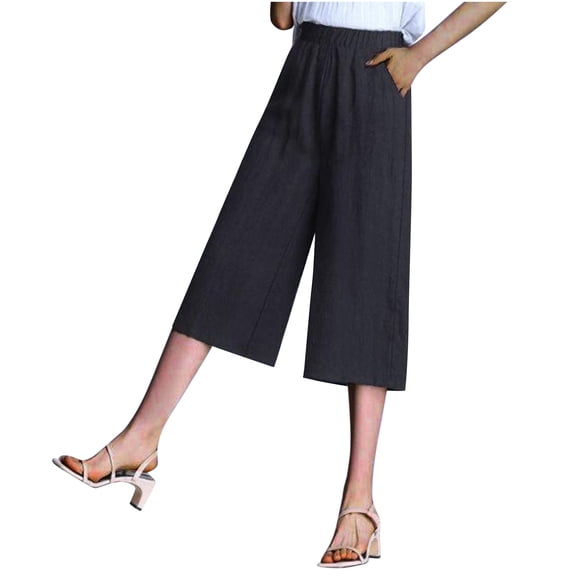 Lolmot Wide Leg Pants for Women Solid Color Casual Loose Elastic Waist Straight Barrel Cotton Linen Capris Pants