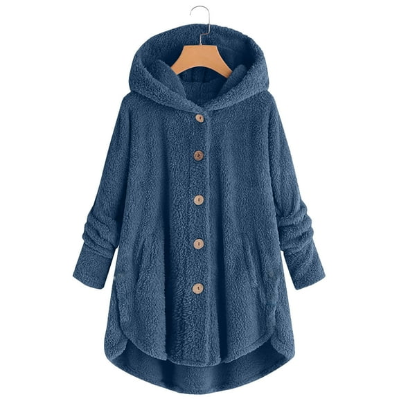 Lolmot Winter Coats for Women Fashion Casual Plus Size Button Fleece Hooded Sweatshirts Solid Color Loose Cardigan Cozy Wool Warm Coat