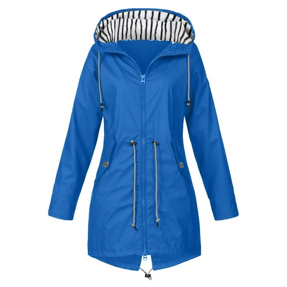 Lolmot Winter Coats for Women Plus Size Solid Stripe Rain Jacket Lightweight Outdoor Hooded Windproof Waterproof Raincoat