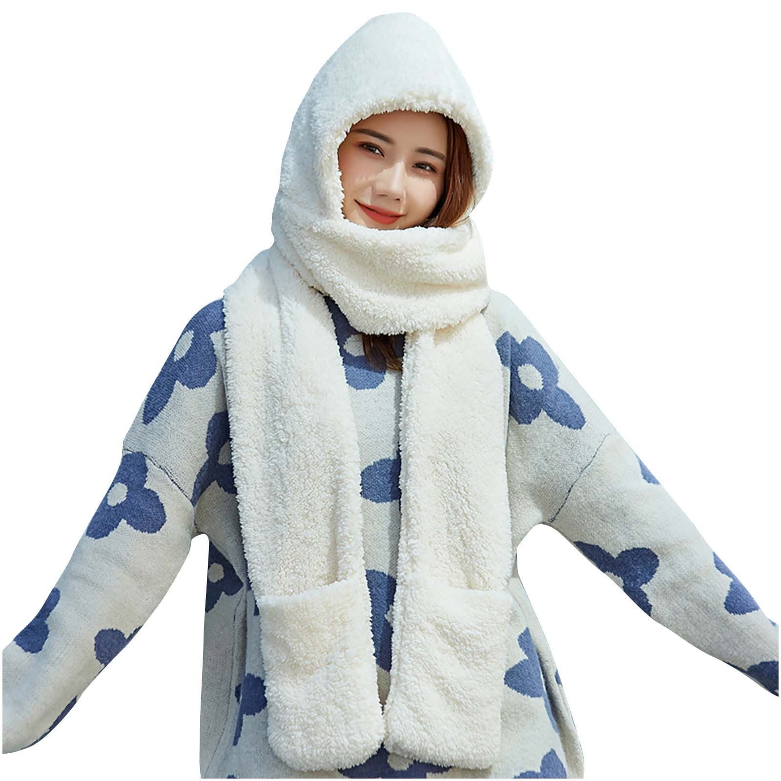 Lolmot Winter Faux Fur Hooded Scarf with Gloves 3 in 1 Fleece Lined
