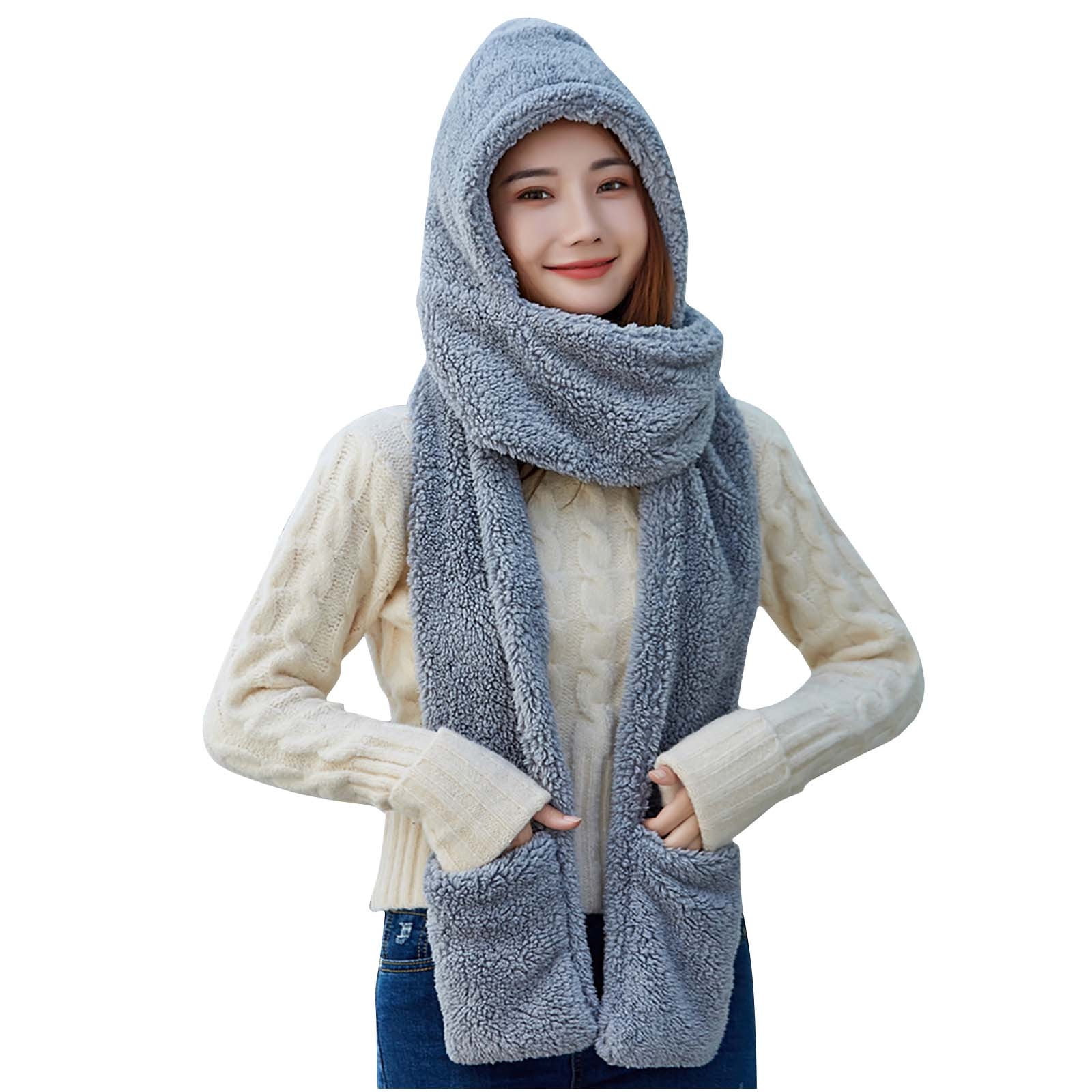 Lolmot Winter Faux Fur Hooded Scarf with Gloves 3 in 1 Fleece Lined