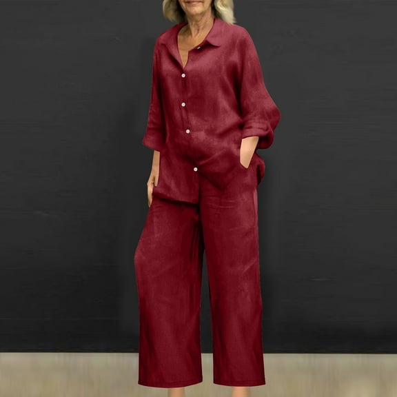 Lolmot Women 2 Piece Cotton Linen Outfits Oversized Summer Casual Loose Roll Sleeve Button Down Shirt High Waist Wide Leg Pants Matching Sets Vacation Outfits